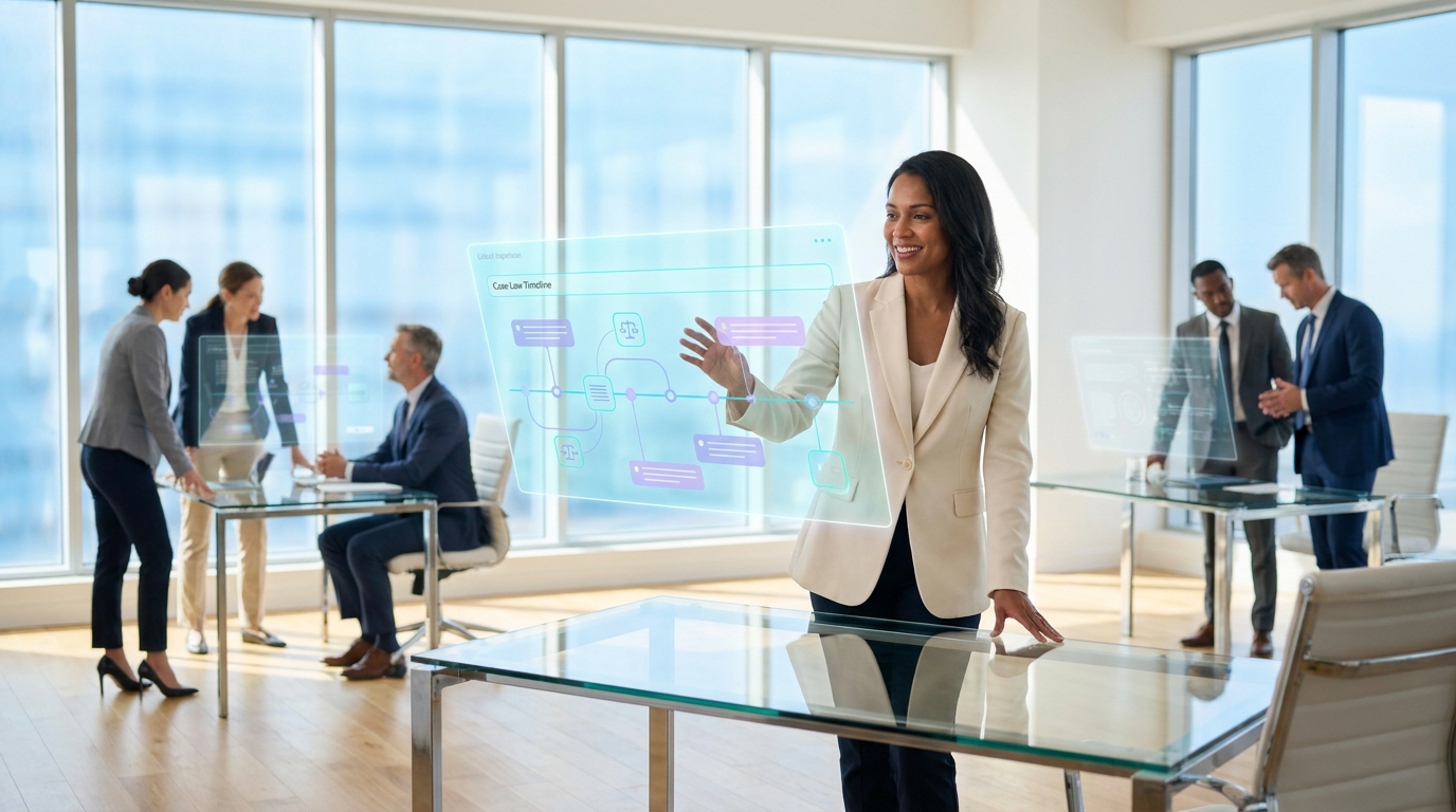 Attorney working with translucent holographic case-law overlays